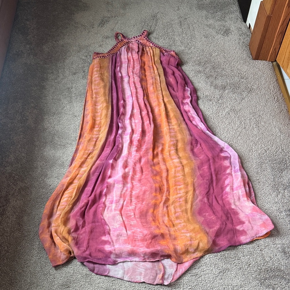 Zara Pink Orange Ombre Halter Chiffon Midi Dress Size M Tie Dye - Picture 1 of 8